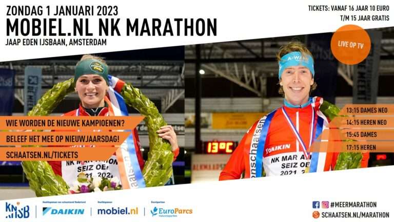 Schaatspeloton strijdt op nieuwjaarsdag in Amsterdam om de nationale titels bij Mobiel.nl NK Marathon kunstijs